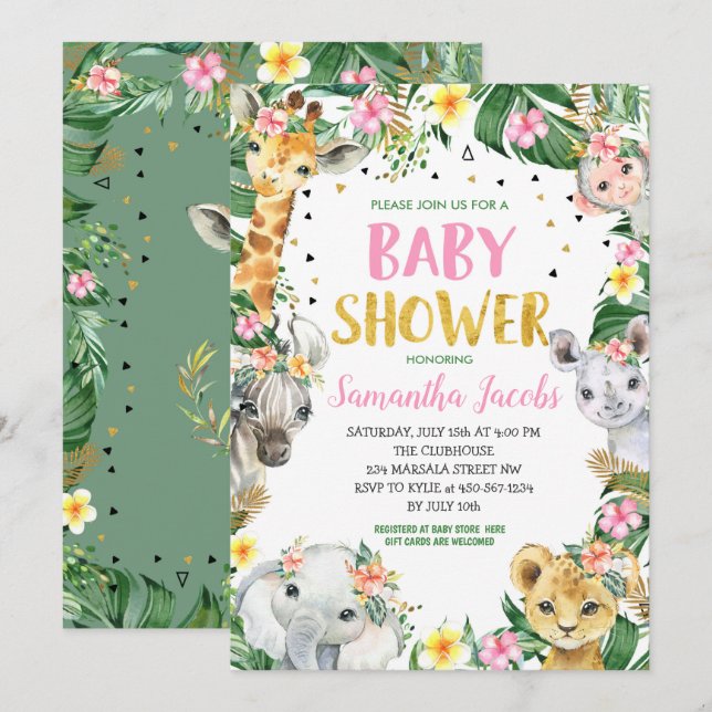 Invitation Baby shower animalier de la Jungle Florale rose (Devant / Derrière)