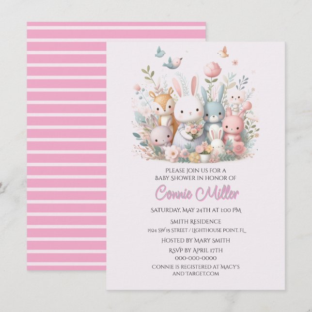 Invitation Baby shower animalier Pastel Pink Woodland (Devant / Derrière)