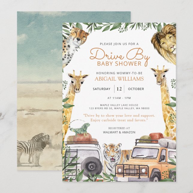 Invitation Baby shower animalier sauvage Drive-By (Devant / Derrière)