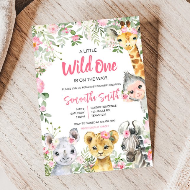 Invitation Baby shower animaliers pour filles Safari (Pink Floral Safari Animals Baby Shower Invitation)