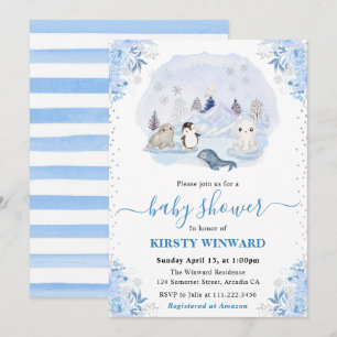 Invitation Baby Shower Animaux Arctiques Hiver Aquarelle