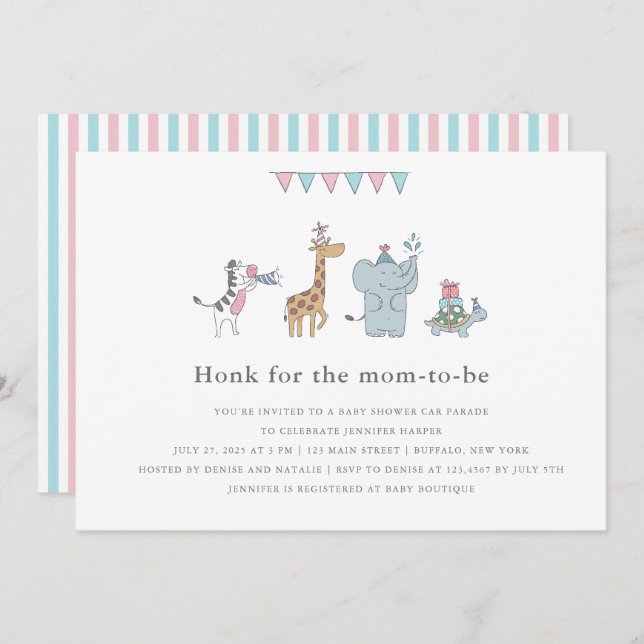 Invitation Baby shower Animaux de fête (Devant / Derrière)