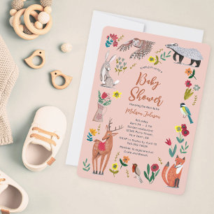 Invitation Baby Shower Animaux de la Forêt Rose Cute 