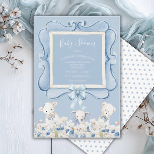 Invitation Baby Shower Animaux Floral Vintage Bleu