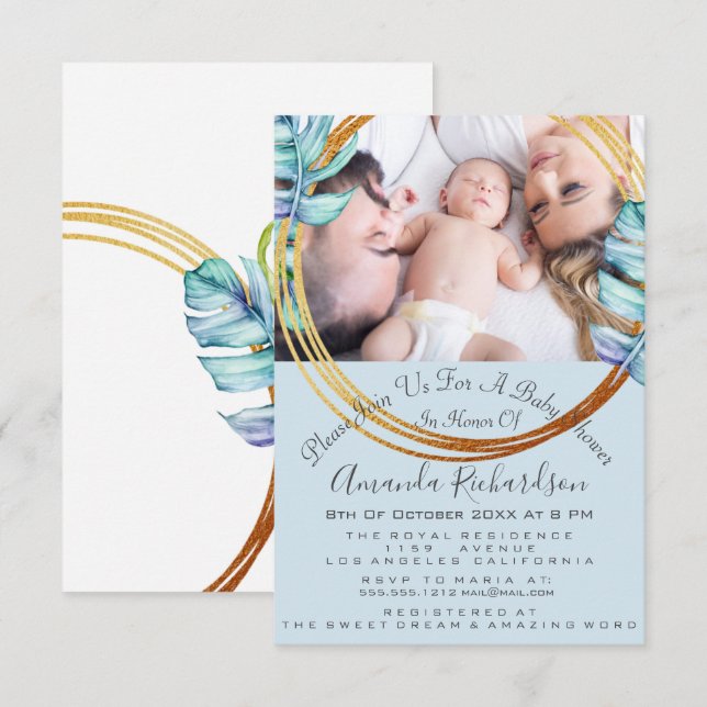 Invitation Baby shower Anniversaire Photo Pastel Blue Wreath (Devant / Derrière)