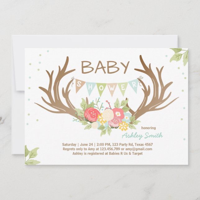 Invitation Baby shower Antler Deer Bois Floral (Devant)