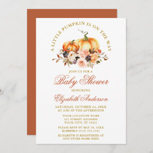 Invitation Baby shower Aquarelle Automne Floral Citrouille Or