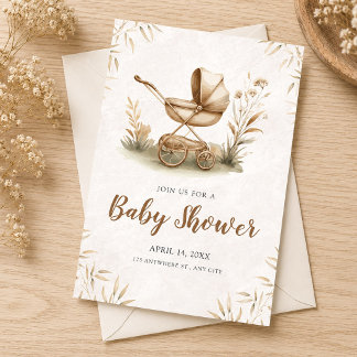 Invitation Baby-shower aquarelle avec vieux landau