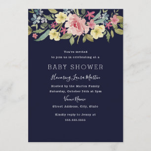 Invitation Baby Shower aquarelle botanique rose Navy
