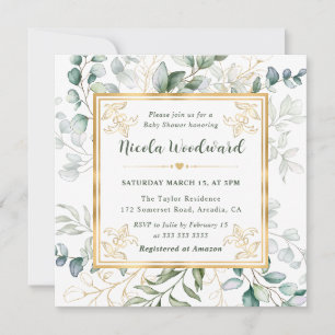 Invitation Baby shower aquarelle eucalyptus et paillettes dor