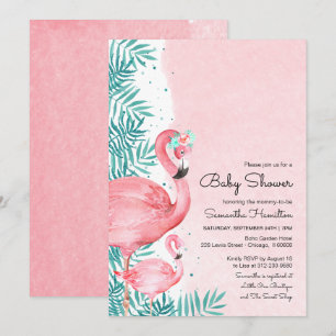 Invitation Baby Shower aquarelle flamant rose et feuilles tro
