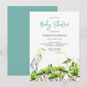 Invitation Baby shower Aquarelle Heron blanc Mangroves