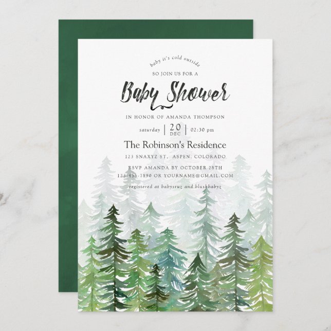 Invitation Baby shower Aquarelle Pine Trees (Devant / Derrière)