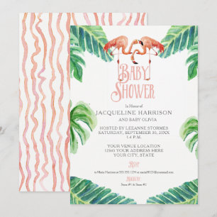 Invitation Baby shower Aquarelle Pink Flamant rose Feuilles