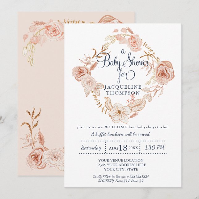 Invitation Baby shower Aquarelle rose pâle Verdure florale (Devant / Derrière)