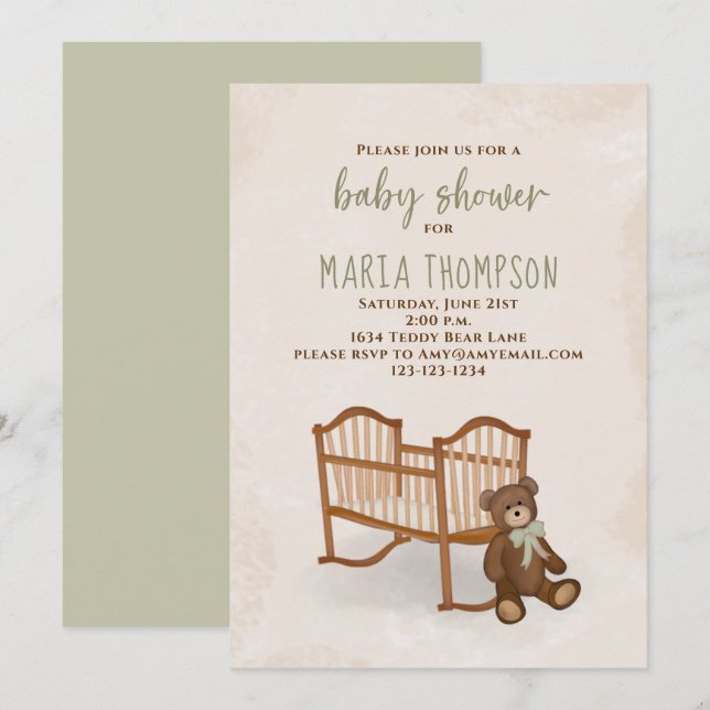 Invitation Baby shower Aquarelle Sexe Neutre Rustique Teddy (Devant / Derrière)