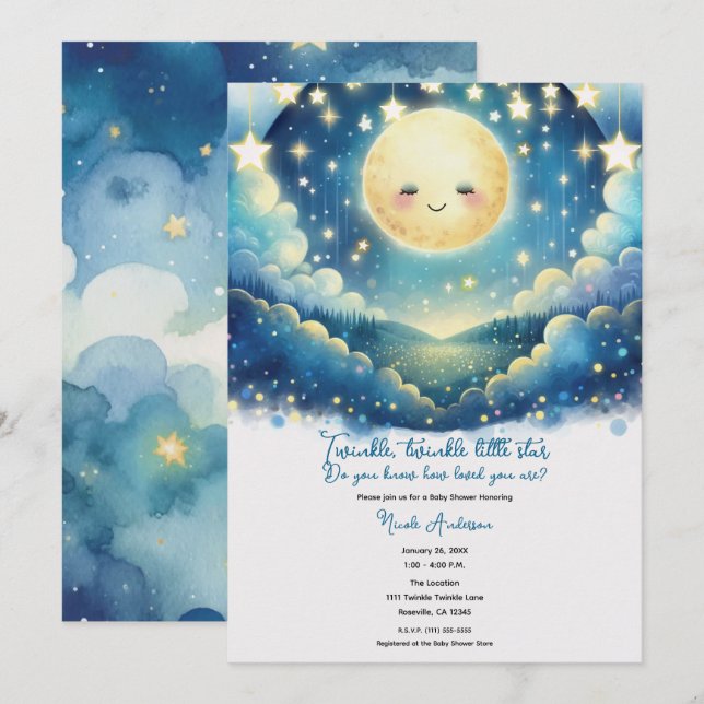 Invitation Baby shower Aquarelle Twinkle Little Star (Devant / Derrière)