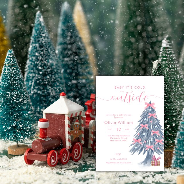Invitation Baby Shower Arbre de Noël Ruban Rose Hiver (Winter Pink Bow Christmas Tree Baby Shower Invitation)