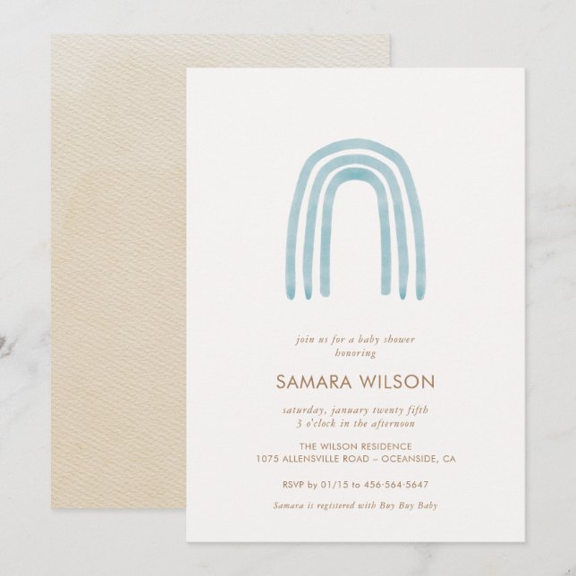 Invitation Baby shower arc-en-ciel bleu Boho (Devant / Derrière)