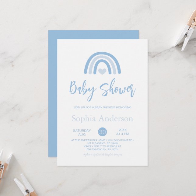 Invitation Baby shower arc-en-ciel Boho bleu garçon (Devant/Arrière en situation)