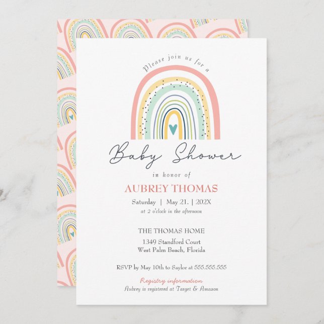 Invitation Baby shower arc-en-ciel Boho Main Drat Heart (Devant / Derrière)