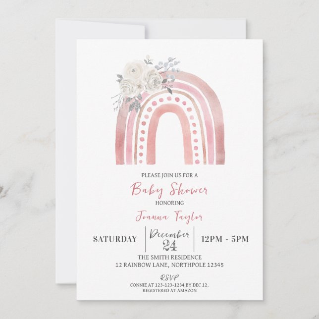 Invitation Baby shower arc-en-ciel Boho, Roses blanches (Devant)