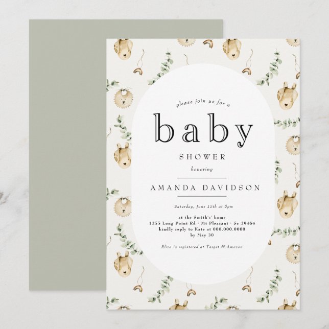 Invitation Baby shower arc-en-ciel Boho Sage Green Eucalyptus (Devant / Derrière)