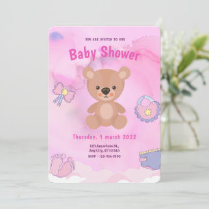 Invitation Baby shower arc-en-ciel de l'ours caricature rose