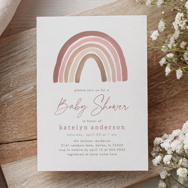 Invitation Baby shower arc-en-ciel en bois rose en terre cuit (Créateur téléchargé)