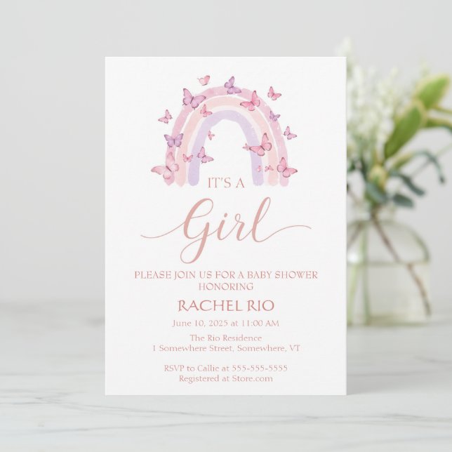 Invitation Baby shower arc-en-ciel et papillon (Debout devant)