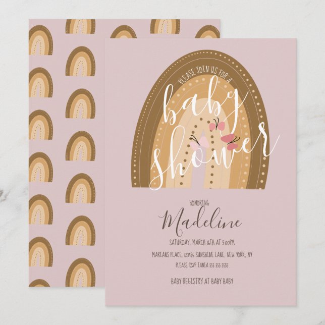 Invitation Baby shower Arc-en-ciel Papillons Bohemian Rose (Devant / Derrière)