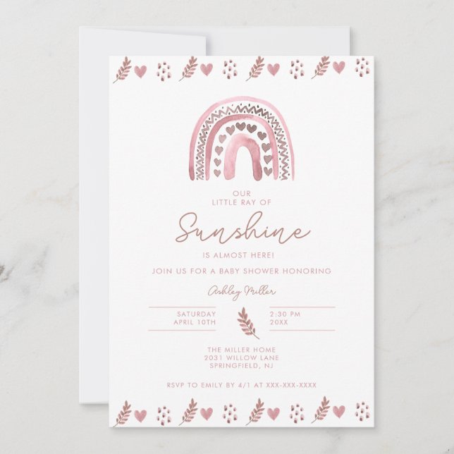 Invitation Baby shower arc-en-ciel rose Boho (Devant)