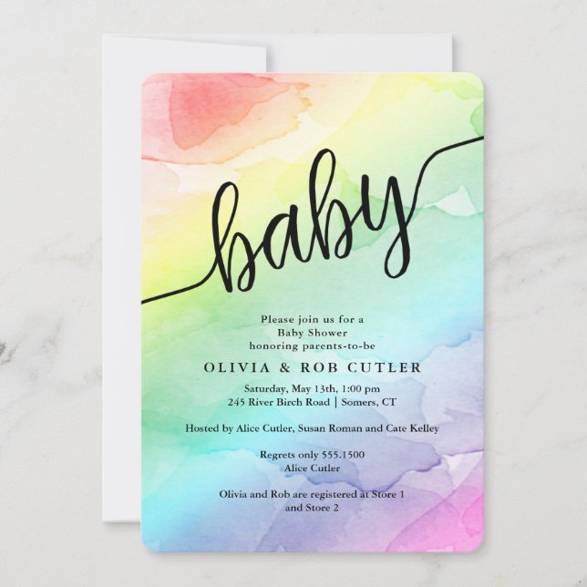 Invitation Baby shower arc-en-ciel Script bébé (Devant)
