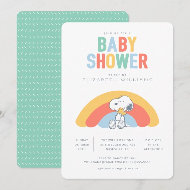 Invitation Baby shower arc-en-ciel Snoopy & Woodstock (Devant / Derrière)