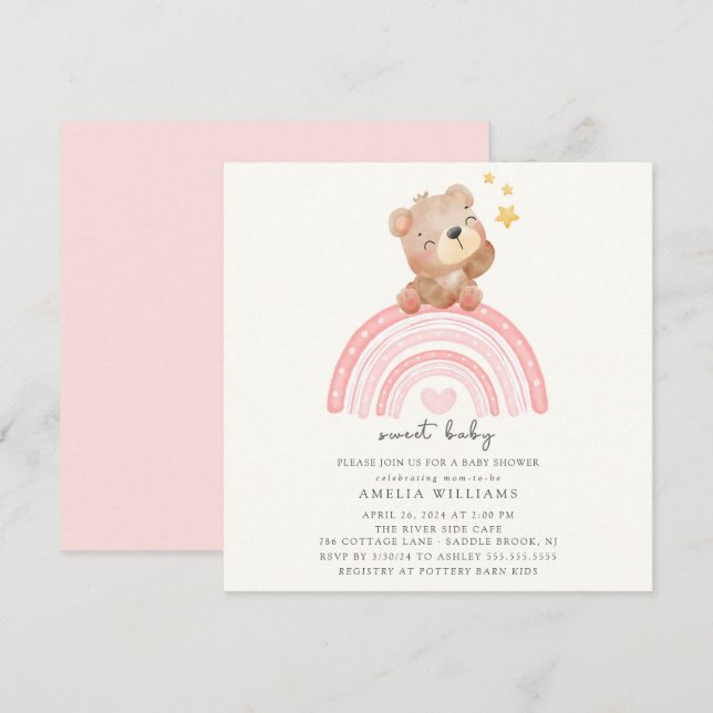 Invitation Baby shower arc-en-ciel Teddy Bear (Devant / Derrière)