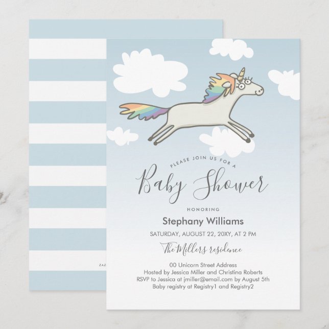Invitation Baby shower arc-en-ciel Unicorn à main  (Devant / Derrière)