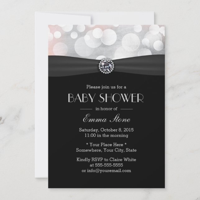 Invitation Baby shower argenté et diamant noir chic (Devant)