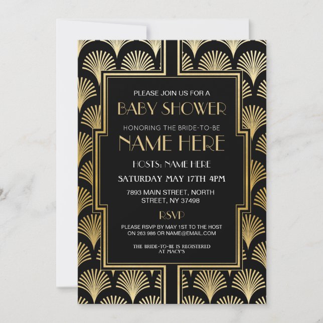 Invitation Baby shower Art déco années 1920 Black & Gold Gats (Devant)