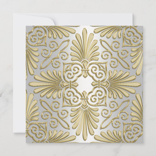 Invitation Baby Shower Art Déco Damas Or Blanc (Devant)