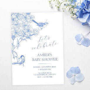 Invitation Baby shower artistique botanique oiseau bleu