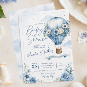 Invitation Baby Shower au ballon à air chaud bleu