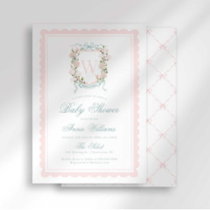 Invitation Baby Shower au monogramme à crête rose