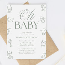 Baby-Shower au Thème Vert Sauge Dessiné à la Main