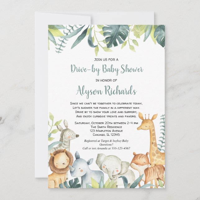 Invitation Baby shower au volant animaux de safari mignons (Devant)