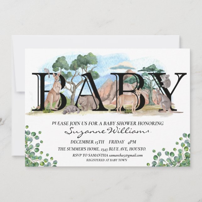 Invitation Baby shower Australian Animaux Aquarelle (Devant)