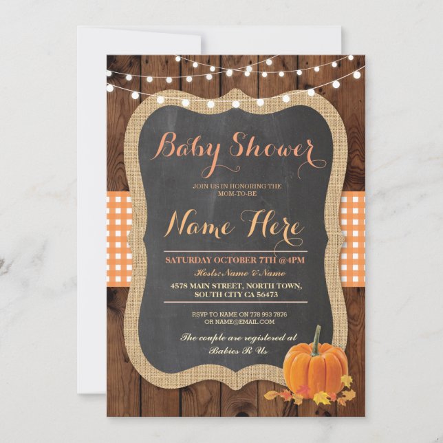 Invitation Baby shower Automne Citrouille Automne Vérifier In (Devant)