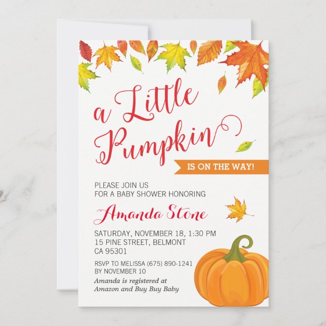 Invitation Baby shower Automne Invitation, Petit Citrouille A (Devant)