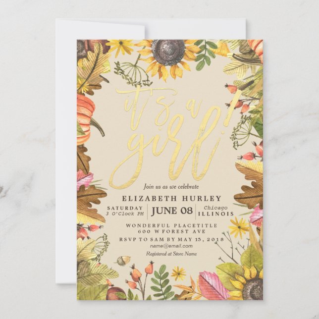 Invitation Baby shower Automne Maple Feuille Citrouille Sunfl (Devant)