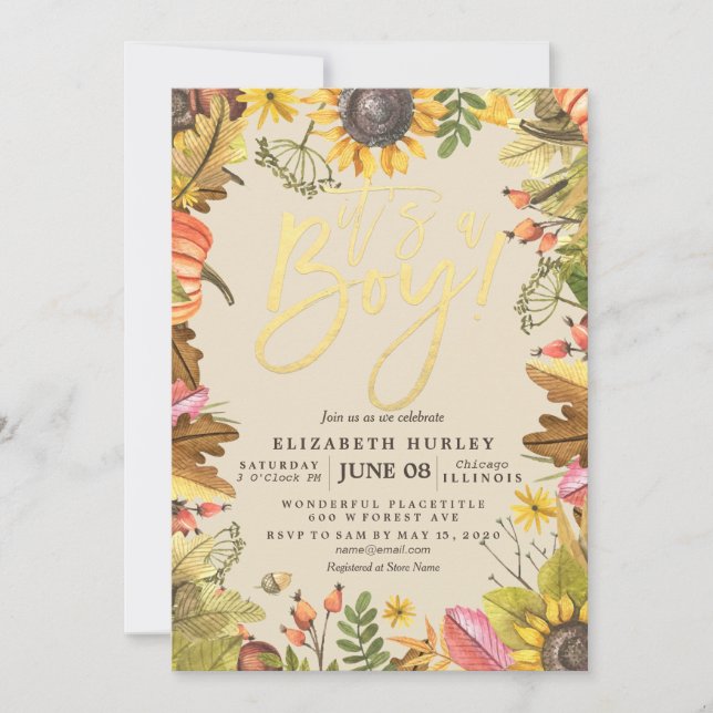Invitation Baby shower Automne Maple Feuille Citrouille Sunfl (Devant)