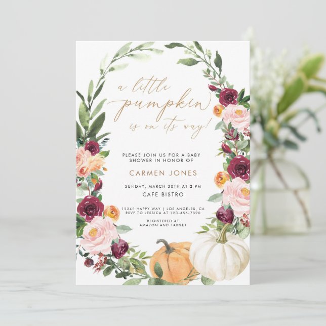 Invitation Baby shower Automne, Un petit citrouill (Debout devant)